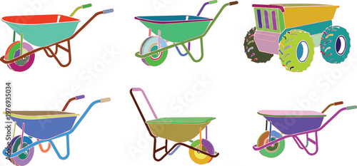 Collection of colorful wheelbarrows and a small dump truck