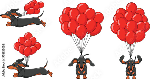 Dachshund Dog Floating with Red Balloons, Playful and Fun Illustration for Pets, Animals, and Party Designs