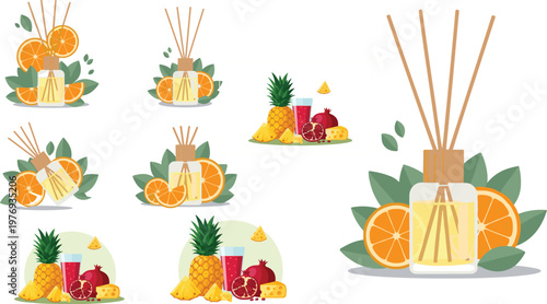 Fruit-Scented Reed Diffuser with Orange, Pineapple, and Pomegranate, Fragrance and Aromatherapy Illustration for Home Decor and Relaxation