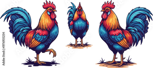 Colorful Rooster with Vibrant Feathers, Rooster Illustration in Bold Colors for Farm, Animal, and Poultry Designs