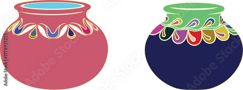 Two decorative indian clay pots with traditional painted patterns