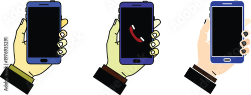 Smartphone Hand Gestures Icon Set Featuring Person Holding Mobile Phone for Communication Incoming Call Notification and Digital Technology Interaction Concepts for App Design