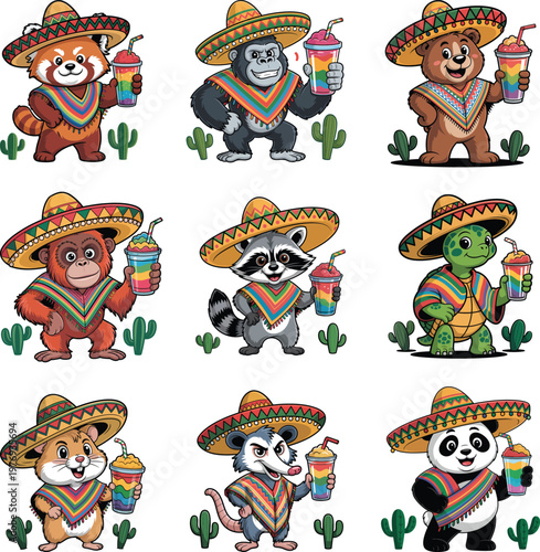 Set of cute animals wearing mexican sombreros and ponchos holding colorful slushy drinks