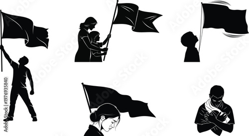 Silhouetted figures with flags a powerful visual representation of protest demonstration and collective action against injustice