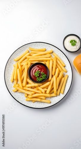 French Fries with Tomato and Sauce on White Plate