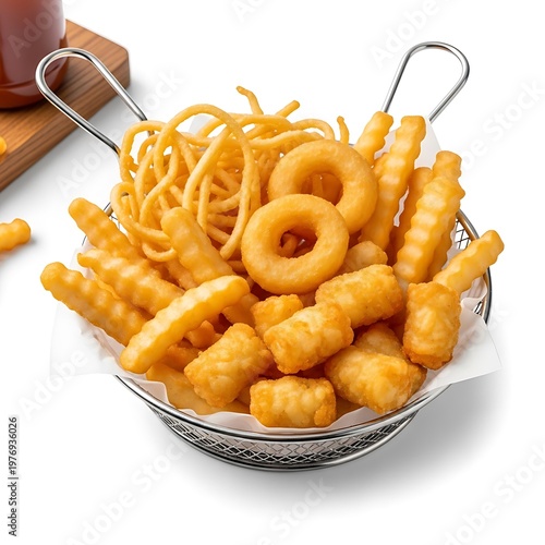 Golden French Fries and Onion Rings in Metal Basket
