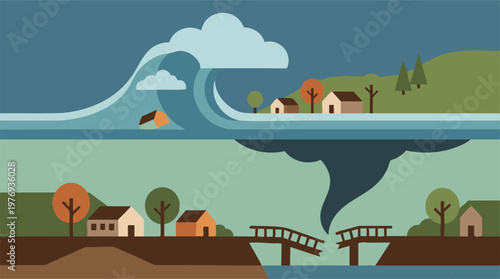 Dual scene of natural disasters: tsunami and underwater vortex destruction