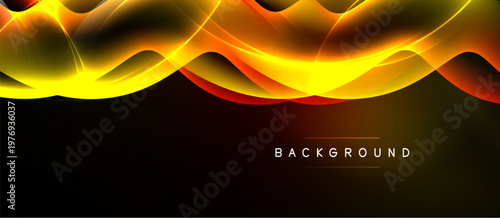 Abstract waves, vibrant colors, dynamic flow. Yellow, orange, red hues create energetic visual impact. Dark background emphasizes luminosity.