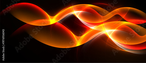 Abstract flowing shapes, vibrant reds, oranges, yellows. Dynamic energy radiates from dark background. Smooth gradients create visual interest.
