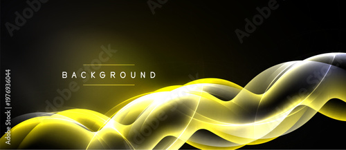 Abstract golden waves flow across dark background. Dynamic lines create elegant, modern visual effect. Smooth curves suggest movement, energy.