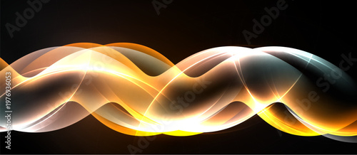 Abstract waves, golden hues, dark background. Smooth curves create dynamic visual effect. Light reflects, forms flowing pattern.