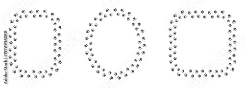 Paw print of a dog or cat. Cute silhouette footpath circle frames set. Wavy walk, marks. Steps of running or walking animal. Curved path of paw prints