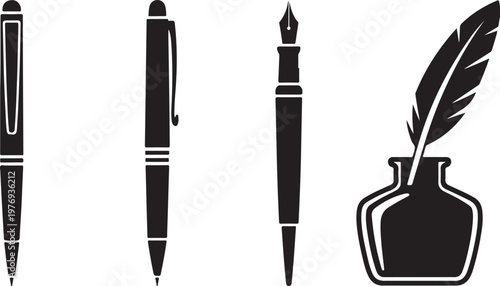 Minimalist pen icons set, black fountain pen and ballpoint pen silhouettes, Writing Tools Silhouette Collection