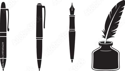 Minimalist pen icons set, black fountain pen and ballpoint pen silhouettes, Writing Tools Silhouette Collection