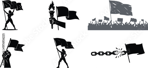 A collection of black flag illustrations depicting protest rebellion and defiance set against a dark background