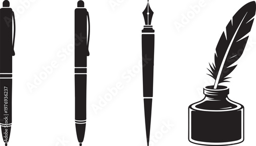 Minimalist pen icons set, black fountain pen and ballpoint pen silhouettes, Writing Tools Silhouette Collection
