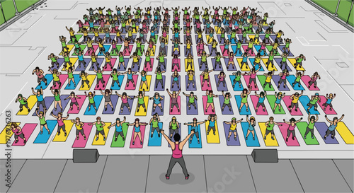 Large outdoor yoga class with diverse people on colorful mats, group fitness session in public park, community wellness event led by instructor