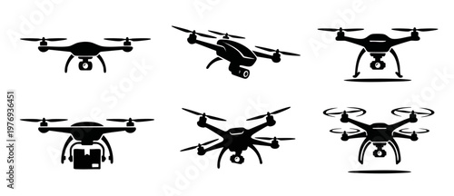 Drone silhouette set for aerial photography and delivery, isolated black vector icons of quadcopter uav aircraft, modern technology symbols for commercial transport, surveillance, and robotics design