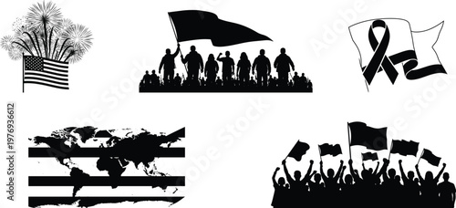 A collection of black silhouette images depicting protest mourning and solidarity with flags and crowds