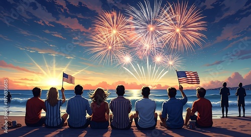 People watch fireworks display on beach at sunset with American flags