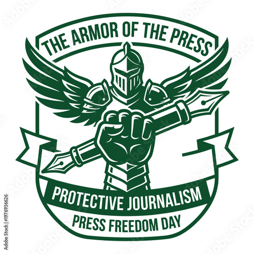 Armor of the Press Emblem: An emblem representing the protective nature of journalism, featuring a knight in armor holding a pen, symbolizing the power and freedom of the press.