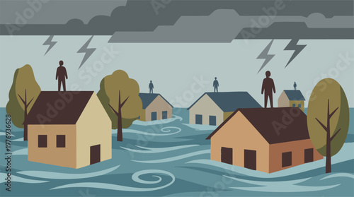 Flooded houses with people on rooftops during a severe thunderstorm