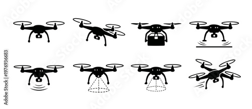 Drone icon set, quadcopter silhouette collection for delivery and surveillance technology, flat vector graphics showing flight actions, cargo transport, scanning, landing and aerial photography concep