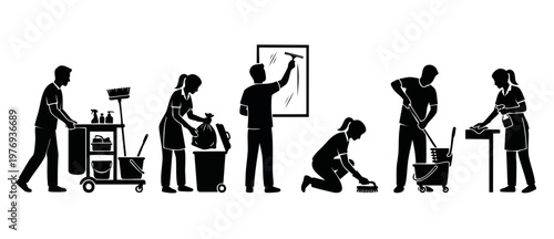 Cleaning service professional team silhouette, janitorial staff working, housekeeping maintenance workers set, office and commercial building hygiene, mopping, washing windows and waste management iso