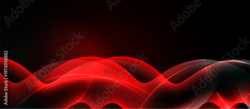 Abstract waves, vibrant red hues contrast dark background. Smooth curves create dynamic visual effect. Minimalist design, modern aesthetic.