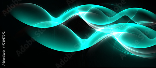 Abstract turquoise waves flow, creating luminous energy. Bright light contrasts dark background, forming dynamic shapes.