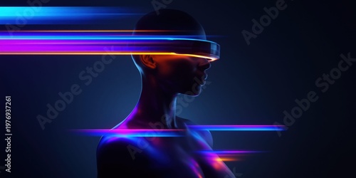 Futuristic woman profile with neon light streaks across face and body