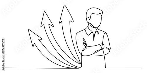 A single continuous line drawing of a confident businessman standing with arrows pointing upward Vector, illustration