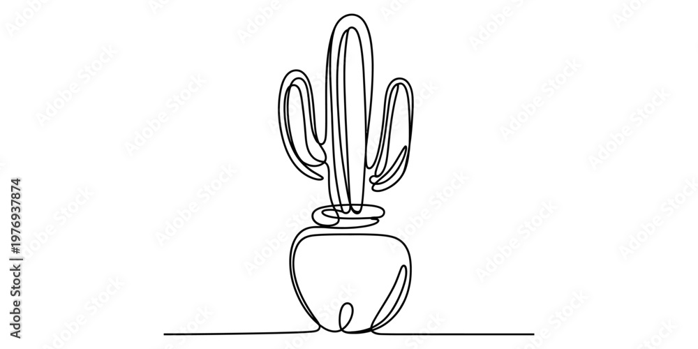 Fototapeta premium A minimalist single continuous line drawing of a small potted cactus with a simple round base