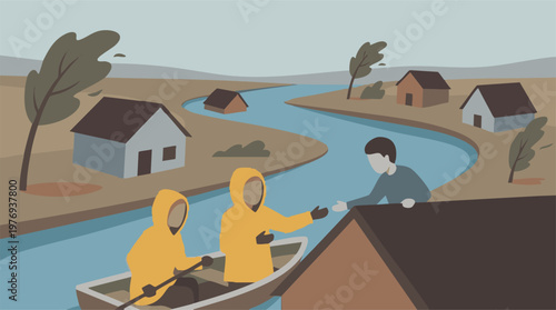Flood rescue operation: people in boat helping person on roof of flooded house