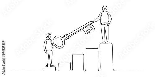 A single continuous line drawing of two people holding a large key on top of a rising bar graph. Vector, illustration