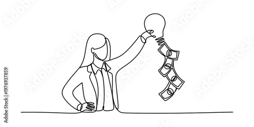 A continuous line drawing of a business woman holding a light bulb generating falling currency
