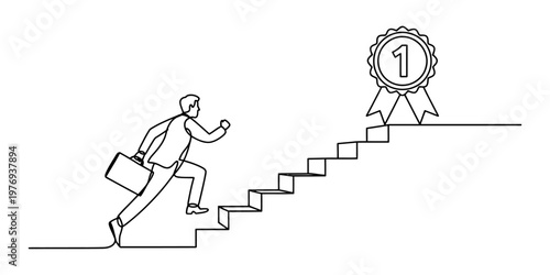 A businessman running up a set of stairs towards a first place ribbon to achieve his career goal