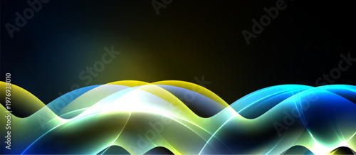 Abstract waves, vibrant colors, flowing lines. Dark background emphasizes luminous curves, creating dynamic visual effect.