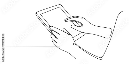 A single continuous line drawing of a person using a digital tablet device for daily work tasks.