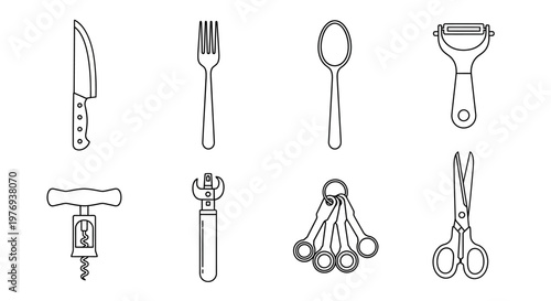 Foto Kitchen utensils collection presents a variety of essential cooking tools in a clean line art style