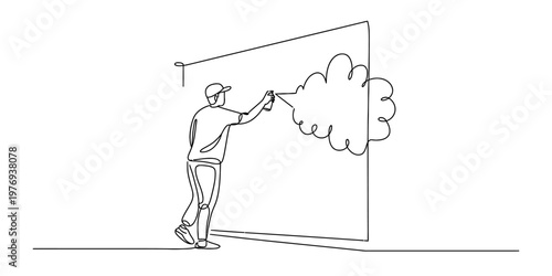 A continuous line drawing of a person using a spray paint can to create a cloud on a large wall.