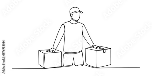 A continuous line drawing of a delivery man standing with two cardboard boxes on a white surface Vector, illustration