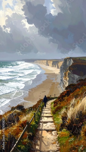 A serene coastal path with dramatic clouds overlooking a sandy shore