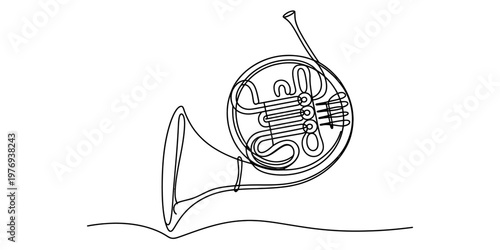 Minimalist single continuous line drawing of a classic french horn musical instrument isolated Vector, illustration