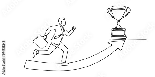 A single continuous line drawing of a determined businessman running towards a golden trophy cup Vector, illustration