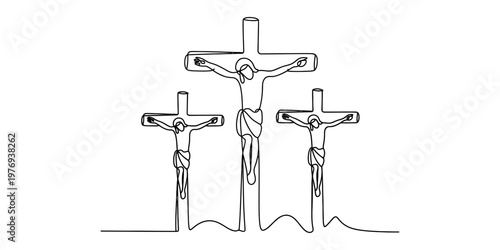 A single continuous line drawing of jesus christ being crucified on the cross with two thieves. Vector, illustration
