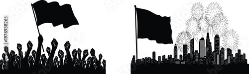 A stark visual contrast depicts a somber flag alongside a vibrant celebratory fireworks display over a city skyline