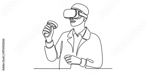 A single continuous line drawing of a person wearing a virtual reality headset and holding controller Vector, illustration