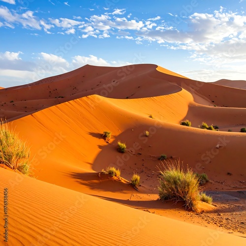 A serene desert landscape with vast expanses of orange sand dunes