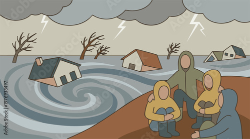 Flood disaster illustration with submerged houses, storm, and huddled survivors